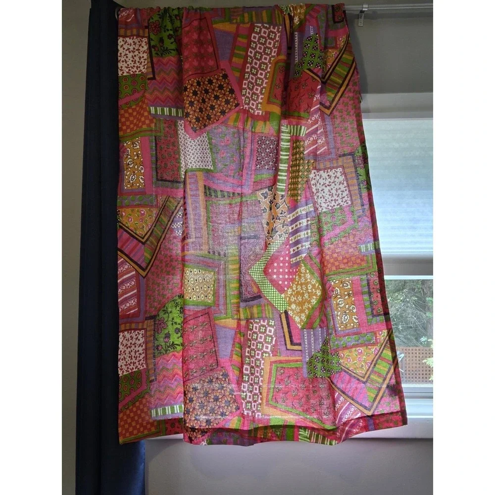 Bates Bedspreads Patchwork 60s 70s Funky Bright Double Fringe Curtains Lot